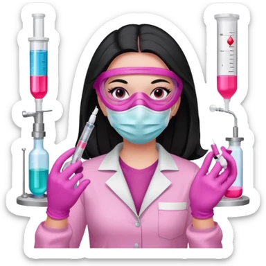 laboratorista con guantes rosa y mascarilla rosa jeringa tubo laboratorio sin lentes y ojos negros cabello largo negro color ojos oscuro color y cabello largo lacio guantes camisa y maascarilla mismo color sticker