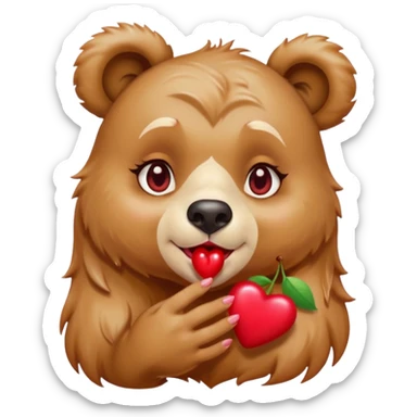 A female bear with cherries on one of her ears blowing a kiss with her lips, releasing a heart sticker