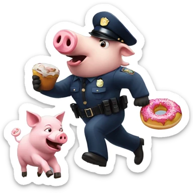 A pig cop eating a doughnut getting chased by a wolf sticker