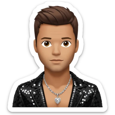 Ricky Martin with brown hair, black sequin jacket, shirtless with necklace sticker