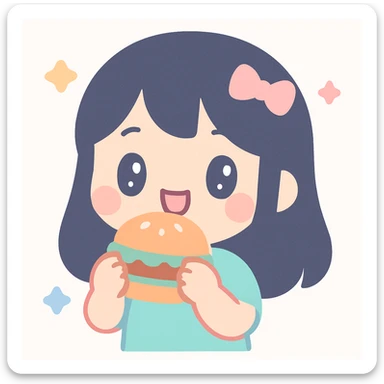 a girl with dark hair eating a burger, kawaii style sticker
