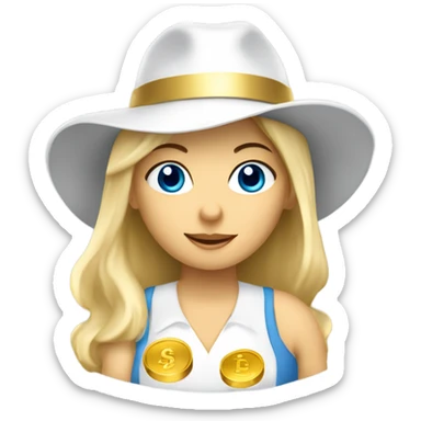Create a Blonde blue eyed femalengel wearing a white hat holding a bucket of gold coins  sticker