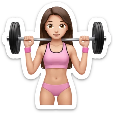 white happy brunette teen long hair with hazel eyes in light pink workout clothes holding a barbell  sticker