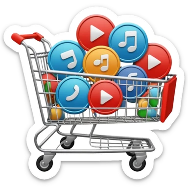 shopping cart filled with round play button icons, some in #DEEB52 and some in #102C3D sticker