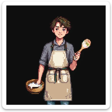 Portrait of a young baker with a simple cloth apron, flour on his hands and cheeks, holding a wooden spoon, skeuomorphism style sticker