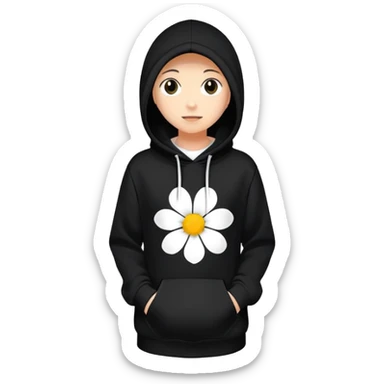 The BLACK Hoodie has a solid black base, accented with distinctive white open flower spots. Each flower has an empty space in the center, creating a hollow, ring-like appearance. These patterns are scattered across the hoodie for a bold and unique design. sticker