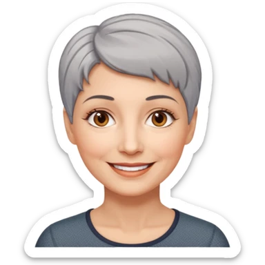 woman 50 years old, very short grey hair brown eyes smile sticker