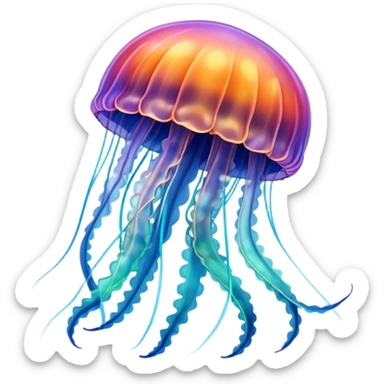 A jellyfish in multicolored hues drifts through the sea, glowing like a living rainbow sticker