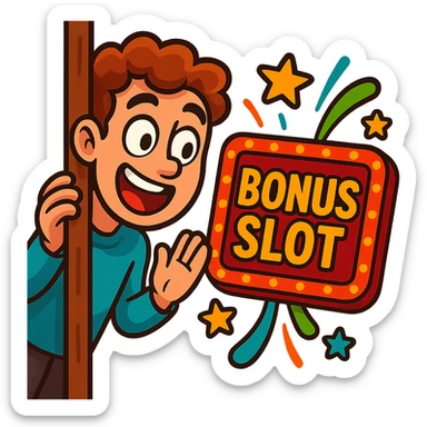 a person peeking around a corner, excited for a bonus slot, cartoon style, vibrant colors sticker