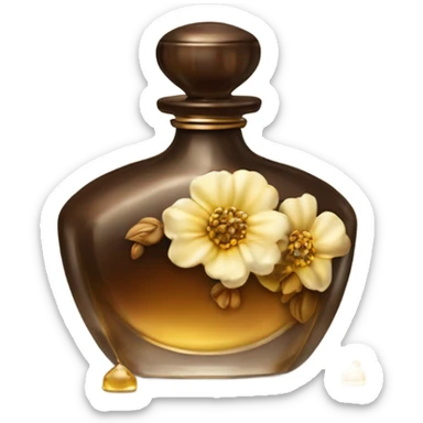 An antique perfume bottle with oil made of bronze and brown crystals, from which white cream and coffee milk flow, yellow flowers of fragrant vanilla lie next to it sticker