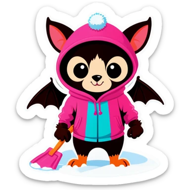 Fruit bat wearing a pink hoodie and pink beanie with Pom Pom shoveling snow  sticker