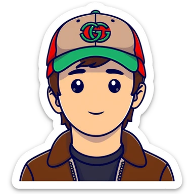 man with medium-length brown hair, Gucci cap sticker