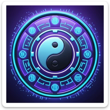 制造几张八卦图 要有时髦感 现代感 科技感 抛开传统感觉"Quantum tech BaGua diagram, yin-yang as flowing particles in neon blue and violet, surrounded by glowing hexagrams in cyberpunk style, holographic interface background with binary code floating, ultra-detailed 8K render --ar 16:9 --v 6" sticker