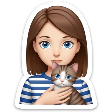 White girl with blue eyes and brown hair holding gray striped cat sticker