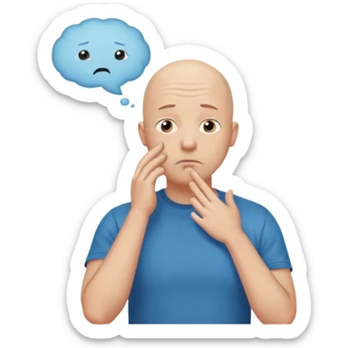 bald man with t-shirt, doubting face, hand on chin looking up, thought bubble sticker