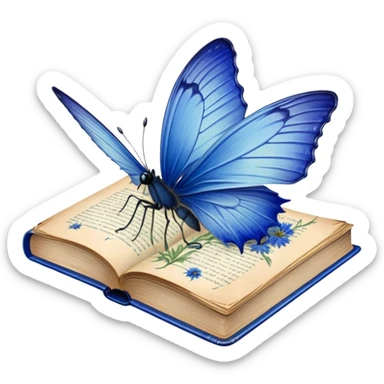 A vintage book with a worn blue cover, open to reveal pressed blue cornflowers and a resting green butterfly. sticker