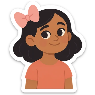 aesthetic portrait of a Sri Lankan girl with dark-ish but light skin, black hair, dark brown eyes, button nose, cute pink bow sticker