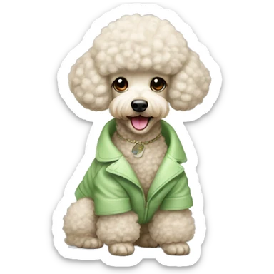 Happy Beige mini poodle with asian haircut in light green coat with white fur sticker