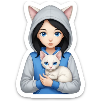 A girl with long back hair wearing a hoodie holding a white Devon Rex cat with blue eyes sticker