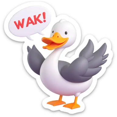 A cartoon-style duck with its beak open, inside a speech bubble it shouts “WAK!” in bold comic-style letters. Fun and expressive, white background sticker