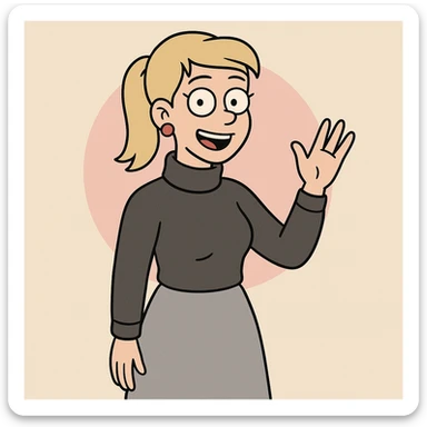 Women Medium Blonde median ponytail hair pink circle earrings Charcoal Athens Merino Wool Roll Neck Jumper Grace skirt a hand say hello sticker