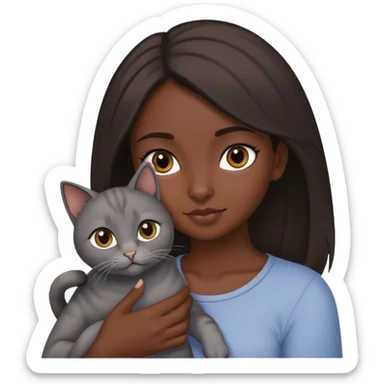 Dark Brown hair girl holding a grey cat sticker