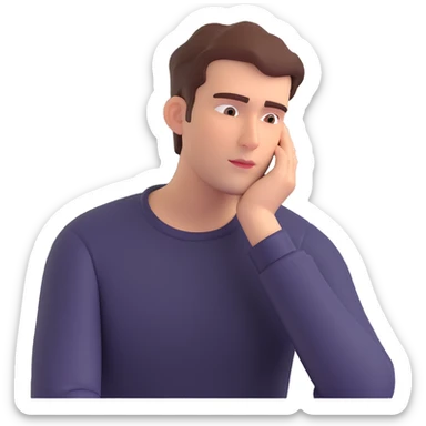 front-facing emoji-style illustration of a pensive man with one hand under his chin, looking off to the side, deep thought and curiosity, neutral or slightly serious expression, clean background sticker