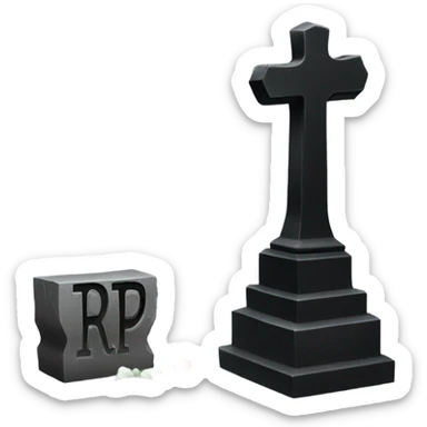 a black grave with the letters RIP on a silver  sticker