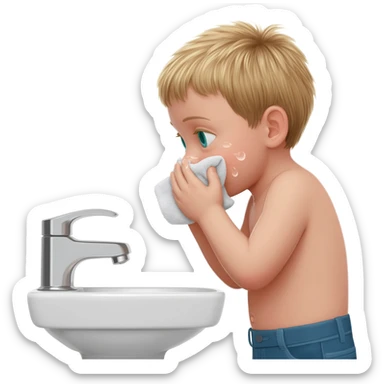 3 year old blonde boy with green-blueish eyes washing his face in the restroom sticker