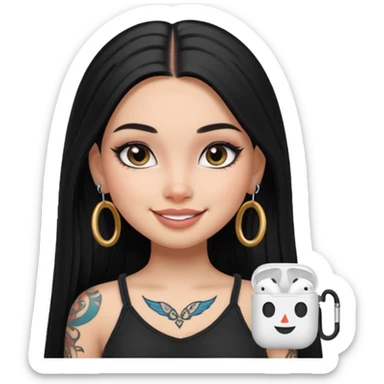 generate a pretty bratz girl with black long straight hair and airpods on, tattoo on shoulder, eyeliner on sticker