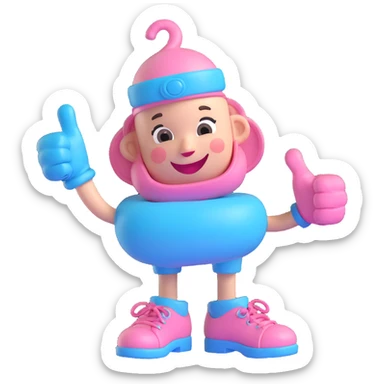 3D cartoon pacifier character, adult version, winking and giving a thumbs up, gloved hands, shoes, baby blue and pink color scheme, transparent background. sticker