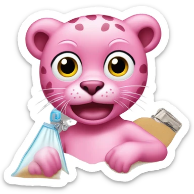 Pink panther holding a clear zip lock bag with sand in it  sticker