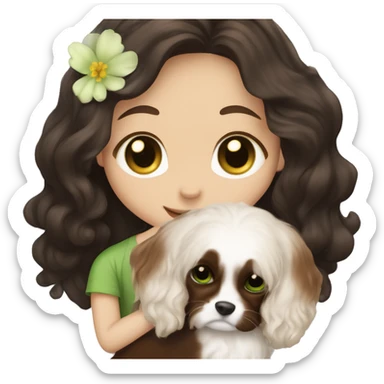 pale skin girl with green eyes with long dark brown hair that has a flower in her hair  snuggling a black and brown cavalier dog the dog also has a flower in its hair sticker