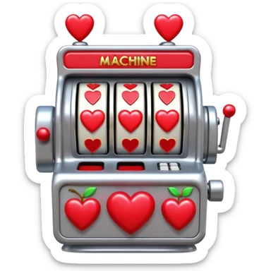 A 3D cartoon slot machine showing hearts and cherries, shiny metallic finish, Memoji-style realism. sticker
