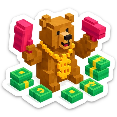 Russian grizzly bear with a rapper chain and a money gun, surrounded by stacks of money sticker