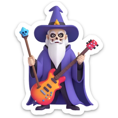 wizard with electric guitar staff, heavy metal, skull decorations sticker