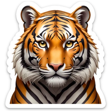 Cinematic Noble Tiger Portrait Emoji, Poised and regal, with a powerful, muscular build draped in striking, vivid stripes and intense, focused eyes, Simplified yet sharp and sophisticated features, highly detailed, glowing with a soft, wild luminescence, high shine, intelligent and majestic, stylized with an air of untamed authority, focused and commanding, soft glowing outline, capturing the essence of a watchful and confident jungle guardian that appears ready to pounce out of the screen with effortless authority! sticker