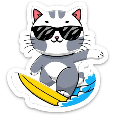 cat with sunglasses surfing a wave sticker
