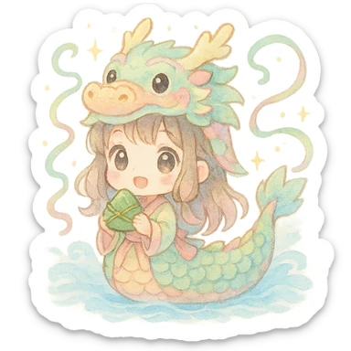 kawaii chibi girl in a pastel dragon boat costume, holding a rice dumpling, with floating ribbons, sparkles, soft waves, festive Dragon Boat Festival, soft watercolor, pastel palette, fluffy sticker