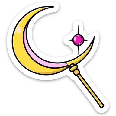 Sailor Moon's Moon Stick magical wand with a golden crescent moon and pink gem, magical anime style sticker