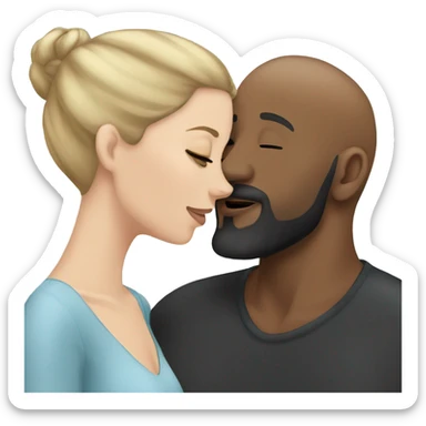 White girl brunette kissing black bald man with beard sticker