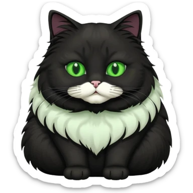 fat black long hair cat fluffy sitting with green eyes and white fur patch under face sticker