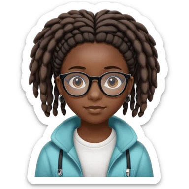 Black 13 year old girl with short locs as a hairstyle and a cowry on the front loc and glasses. sticker