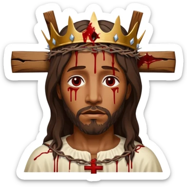 African American Jesus Christ bleeding on wooden cross with crown of thorns on his head sticker