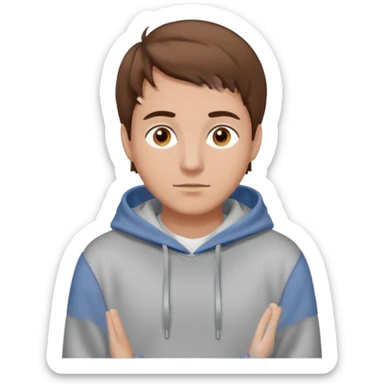 Uomo adulto barbuto capello moro occhi marroni metà busto e vestito con una felpa grigia e maglietta bianca sticker