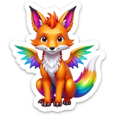 Animated Fox dragon hybrid with wings face front full body rainbow colored sticker
