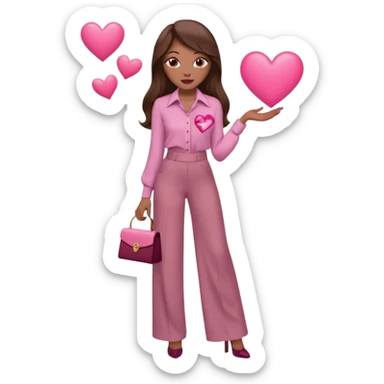  emoji, inspired with brunette hair, brown eyes, long hair, heart shape lips and pink make up  and pink nails, mauve pink blush and brown wide leg pants, burgundy shoulder drop shirt, brown heels , princess hair, brown heels, no floating hearts  sticker