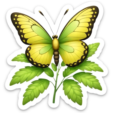 A fluffy bush with soft light-green foliage and a small butterfly sticker