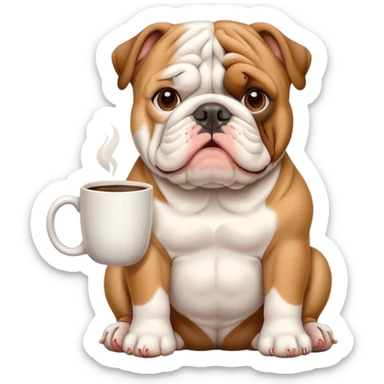 English bulldog sitting patiently with a coffee mug sticker