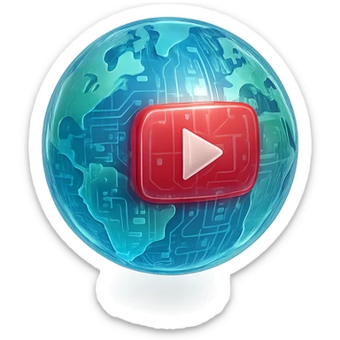 globe with YouTube play button, glossy circuit style sticker